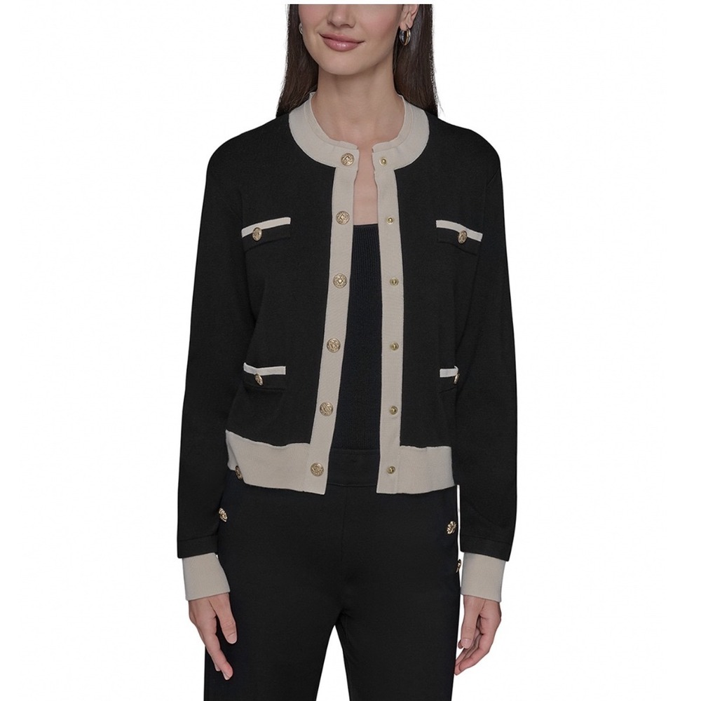 Karl Lagerfeld Paris Black Birch Contrast Trim Cardigan L5HSS776 Small NWT